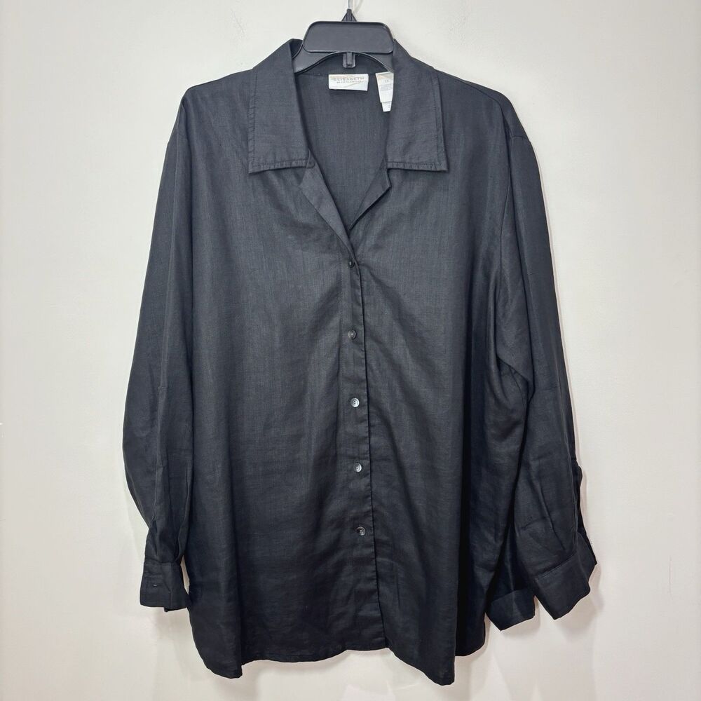 Elizabeth Liz Claiborn 100% Linen Shirt Women 1X Tunic Button Up Black Lagenlook